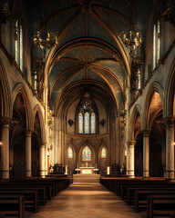 Fototapeta premium Gothic Cathedral Interior with Ornate Architecture and Spiritual Light