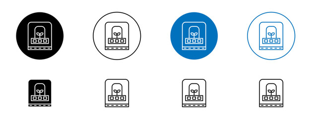 Incubator icons set in black and blue colors on white background