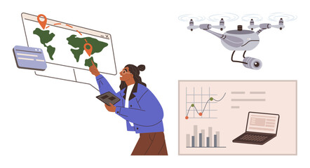 Analyst examining map with tablet, interacting with geospatial data. Quadcopter hovering nearby for surveillance. Includes data charts, graphs on laptop screen. Ideal for technology, data, innovation