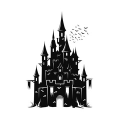 Obraz premium Vector art of silhouette of a haunted castle with bats flying around, perfect for halloween themed designs and decorations