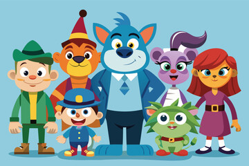 Fototapeta premium Colorful cartoon characters gather for a group photo in a playful setting