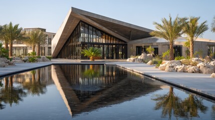 Obraz premium Modern architecture blends with nature at a luxurious resort featuring a tranquil water reflection