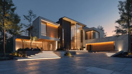 Modern architectural masterpiece in serene surroundings illuminated at dusk