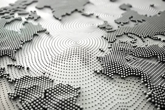 World map made of dots with concentric circles on a white background