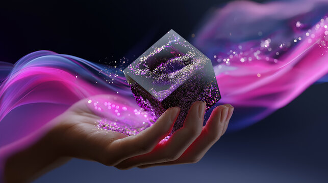 Palm holding cube with particles spilling out, blending into abstract waves of pink and purple light.