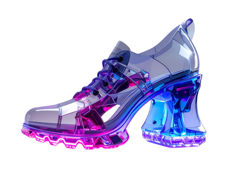 Futuristic Clear High Heel Shoe, Geometric 3D Render, Isolated on Transparent Background.