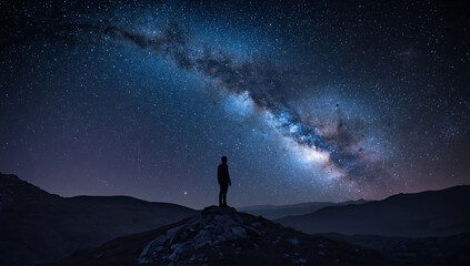 Fototapeta premium Silhouette of Person Stargazing Milky Way (AI Generated)