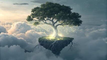 Ethereal tree growing from a tiny floating island, suspended above misty clouds, glowing roots