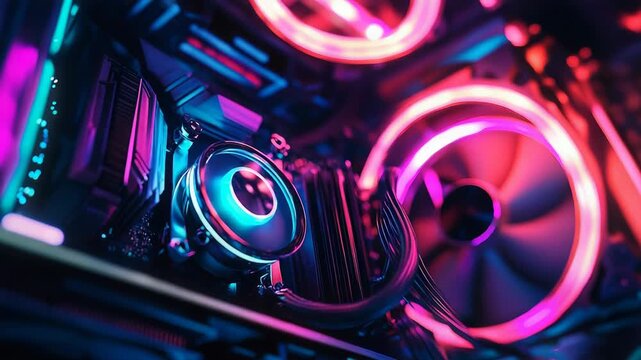 Powerful gaming computer with neon lights illuminating components