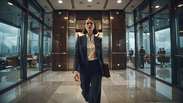 Elegant confident caucasian businesswoman in navy pantsuit stepping out of modern elevator with folder in hand, against high-rise city view through glass walls. Concept of corporate leadership