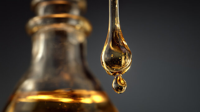 A close-up of a golden drop falling from an elixir flask