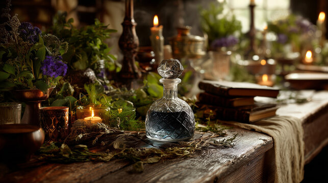 A magical table with herbs, candles, and a sparkling elixir bottle