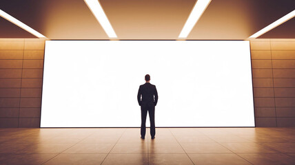 Fototapeta premium Businessman looking at a large blank white billboard or screen in a modern room, perfect for advertising, presentation, and marketing mockups