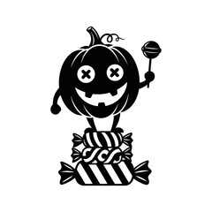 Vector art of a happy halloween pumpkin character stands on a stack of candies and holds a lollipop