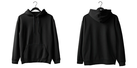Black hoodie, front and back view, on hanger