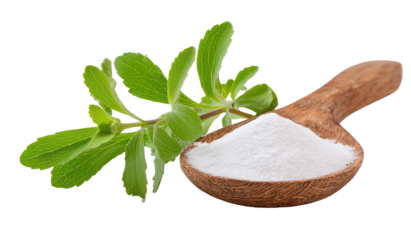 Powdered sweetener in wooden spoon, green leaves