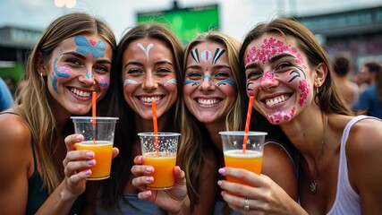 Four young women with colorful face paint smiling and holding plastic cups of orange juice at outdoor football baseball event festival. Joyful celebration and friendship atmosphere. sport game fans. - Powered by Adobe