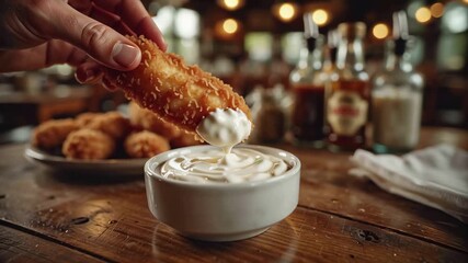 Dipping chicken strip in ranch sauce close-up of hand holding crispy sesame coated tender above bowl of creamy dip on rustic wooden table. Concept of comfort food and indulgence
