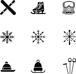 A set of winter themed icons including skis skates goggles snowflakes hats sleds and ski poles in black