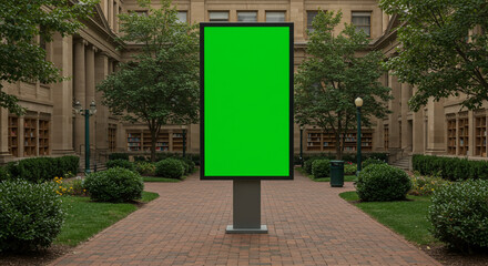 Digital billboard with green screen stands in a grand university courtyard, ready for your custom message