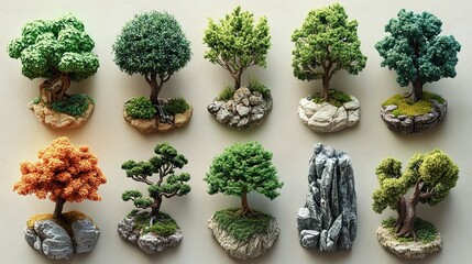 Collection of bonsai trees growing on rocks and displayed in a row, each tree isolated on a plain wall