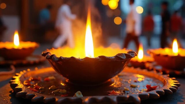 Close-up of a lit oil lamp glowing warmly, symbolizing the spirit of Diwali. Vibrant ambiance captures the essence of this joyous festival of lights.