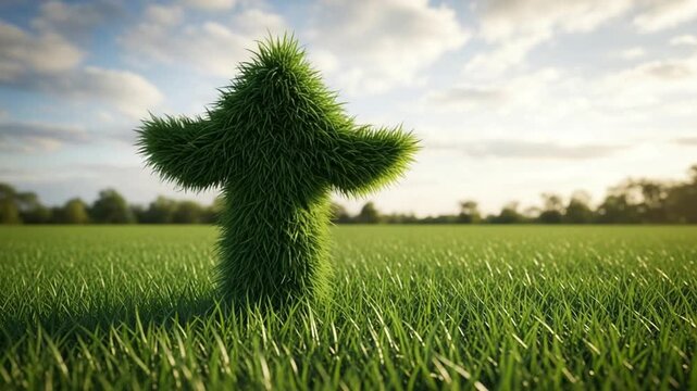 A verdant upward arrow formed from grass in a field beneath a partly cloudy sky at daytime view