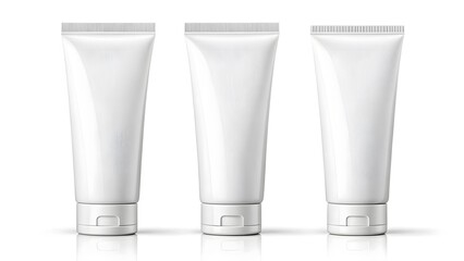 Three blank white cosmetic tubes with silver caps and reflection on white background