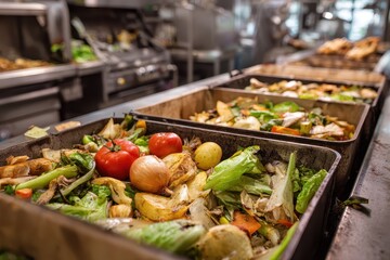 Obraz premium Biodegradable organic waste management practices in a commercial kitchen showcasing vegetable scraps and food leftovers