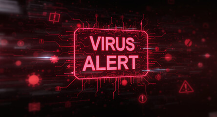 A virus alert warning displayed on a digital screen with red danger symbols and glitch effects, in a futuristic environment	