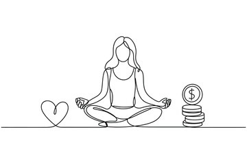 Minimalist Continuous One-Line Art of a Woman Meditating with a Heart and Coins