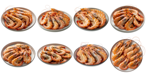 Orange shrimp arranged on white plates isolated on a transparent background seafood