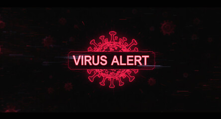 A virus alert warning displayed on a digital screen with red danger symbols and glitch effects, in a futuristic environment	
