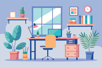 Bright and inviting home office workspace with plants and modern furniture