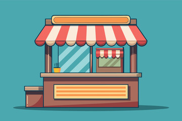 Colorful food stall with red and white awning set against a blue background