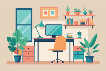 Fototapeta premium Modern workspace decorated with plants and organized furniture in a bright room
