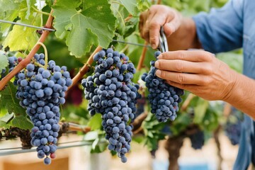 Close-up of a person harvesting ripe blue grapes in a vineyard, using pruning shears