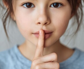 Naklejka premium Close-up of a young child's face, making a silent gesture with a finger to the lips, conveying a message of quietude and secrecy.
