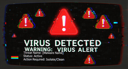 A virus alert warning displayed on a digital screen with red danger symbols and glitch effects, in a futuristic environment	