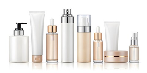 Collection of elegant cosmetic bottles and jars for skincare and beauty products