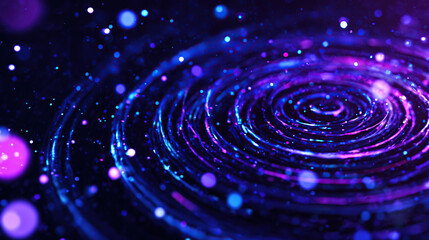 Dynamic cosmic vortex of swirling purple and blue light particles creating a mesmerizing, energetic abstract background
