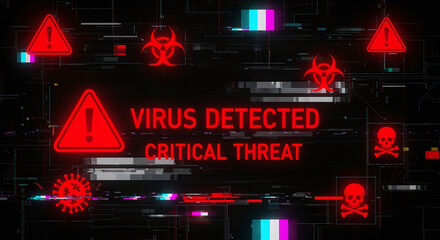 A virus alert warning displayed on a digital screen with red danger symbols and glitch effects, in a futuristic environment	