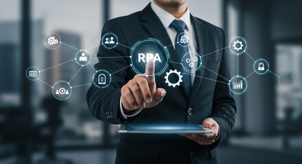 Empowered executive interacts with digital network illustrating RPA automation and business growth strategies