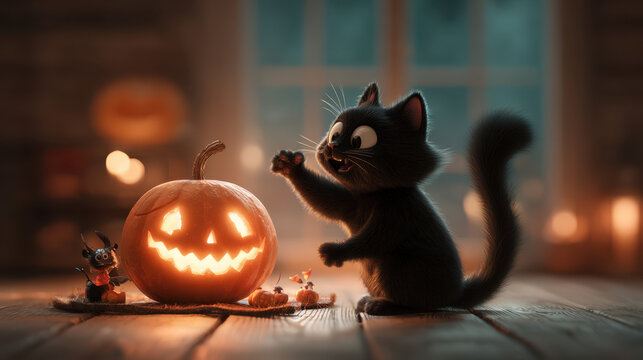 Halloween cat carving pumpkin cozy room digital art spooky atmosphere whimsical view creative concept