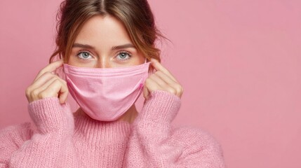 a woman wearing a pink mask covering her face