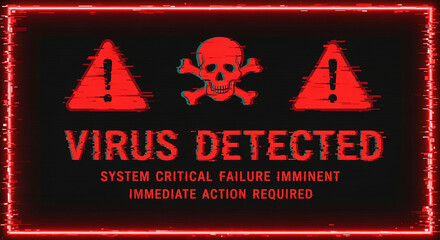 A virus alert warning displayed on a digital screen with red danger symbols and glitch effects, in a futuristic environment