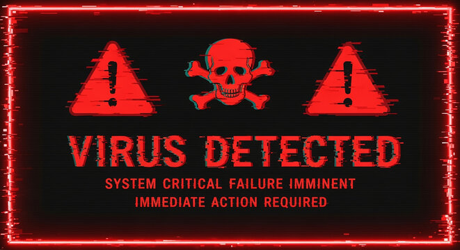 A virus alert warning displayed on a digital screen with red danger symbols and glitch effects, in a futuristic environment	