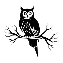 Vector art of an owl perched on a bare branch, creating a striking silhouette against the clean backdrop of the image