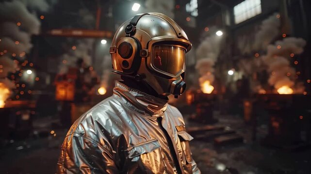 Closeup of person wearing fireproof suit and helmet in intense industrial heat with flames and smoke in background, metallic protection and safety gear