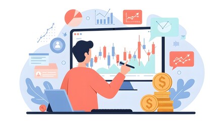 Financial stock market Analyst Examining Market Trends with Data Visualization Tools, flat vecter illustration